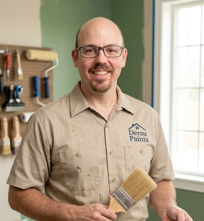 Dersu, owner of Dersu Paints, smiling and holding a paintbrush in a freshly-prepped room